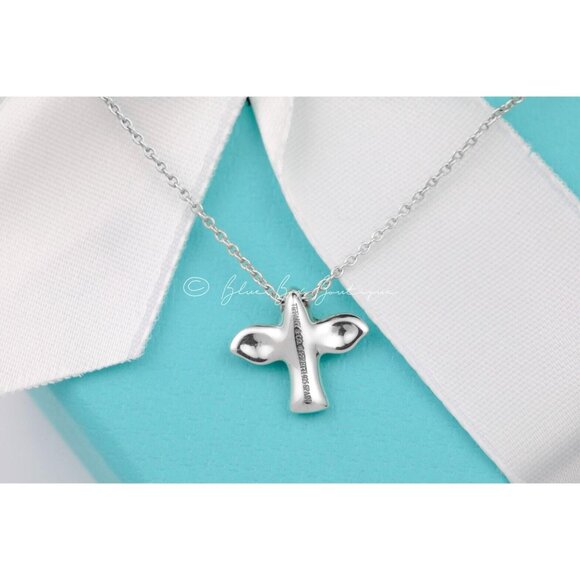 Tiffany & Co Elsa Peretti Mini Dove Bird Cross Pendant 16" Necklace Silver w/ Po - Picture 1 of 9